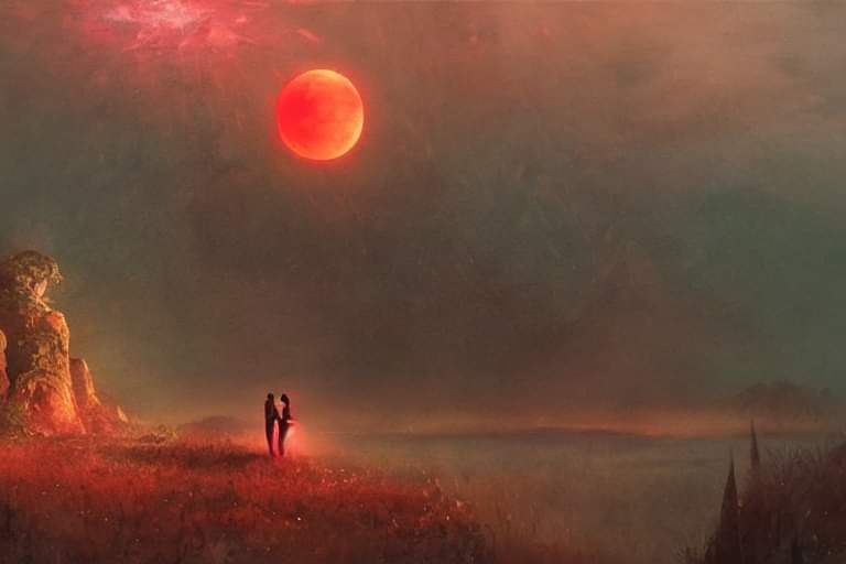 Doi oameni indragostiti se privesc în ochi, în timp ce luna roșie strălucește în fundal.