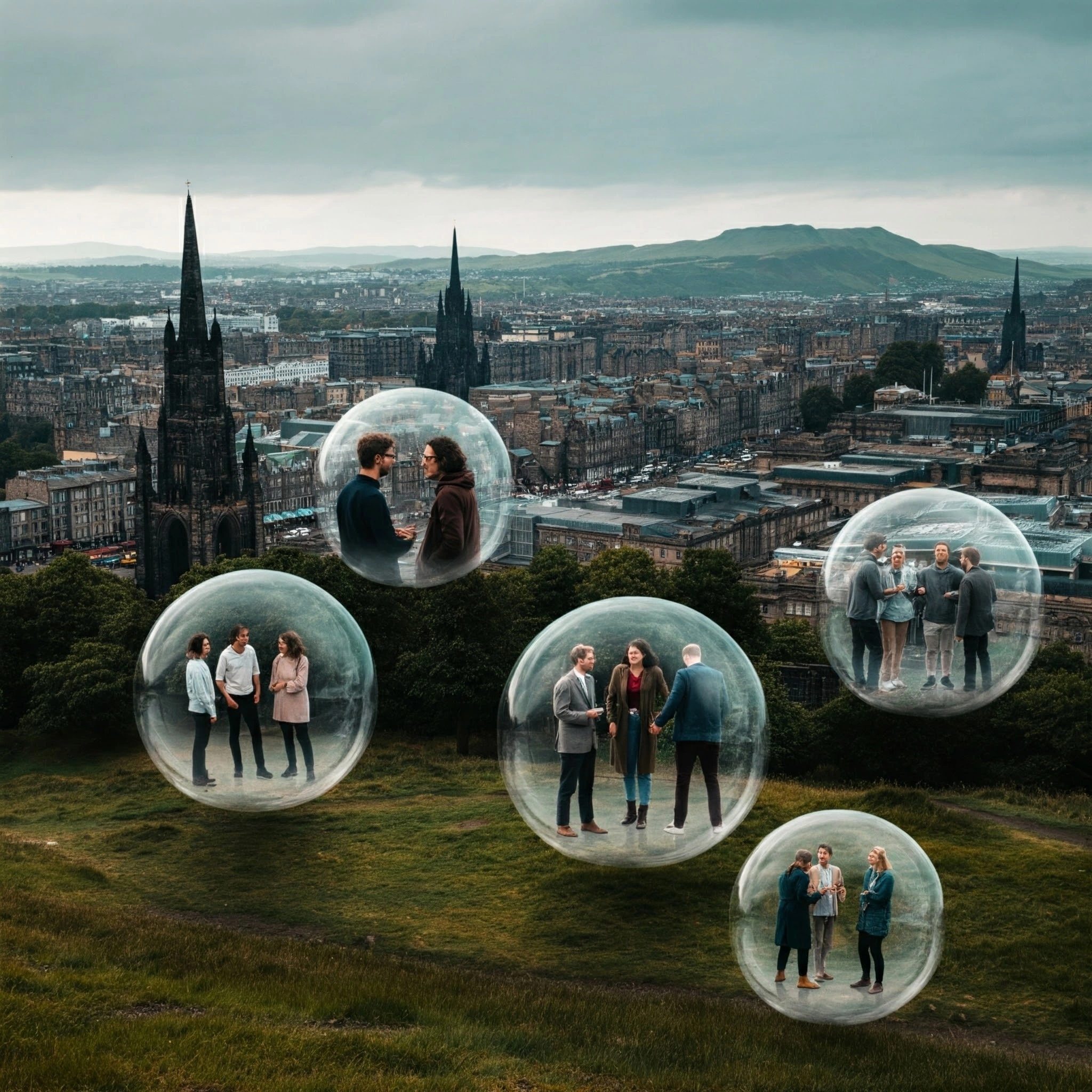 Oameni în bule transparente plutesc deasupra orașului Edinburgh, simbolizând Algoritmii social media si bulele lor.