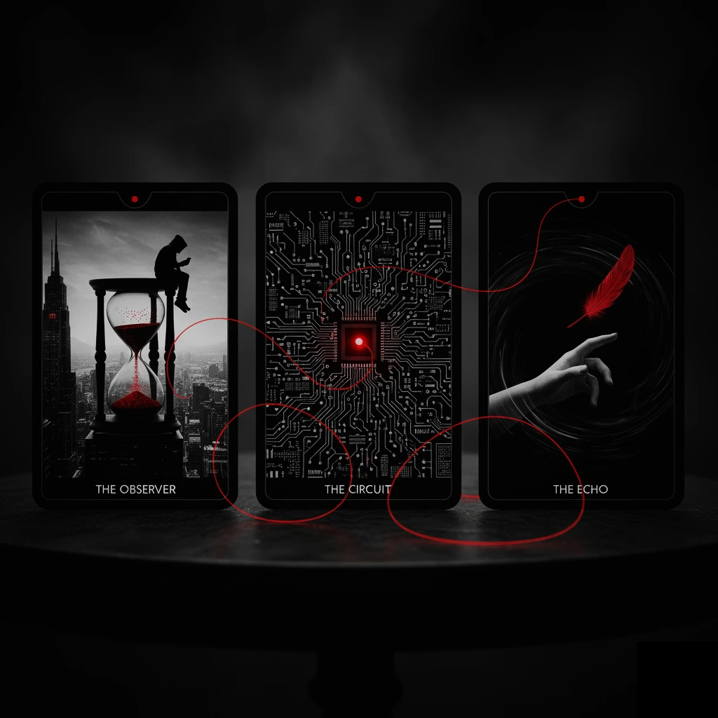 Trei carti de tarot tehnologic cu circuite conectate ilustrand diagnoza sistemica si sparring strategic prin lentila hipermedia