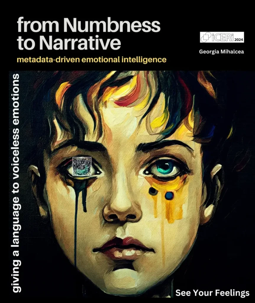 Poster academic și artistic semnat de Georgia Mihalcea pentru ICERI 2024, intitulat „from Numbness to Narrative: metadata-driven emotional intelligence”. Imaginea prezintă portretul pictural al unui copil cu o privire intensă și melancolică; ochiul drept al personajului este înlocuit de un cod QR strălucitor, simbolizând fuziunea dintre emoția umană și datele digitale. Textul lateral subliniază misiunea de a „oferi un limbaj emoțiilor fără glas” (giving a language to voiceless emotions), iar în colțul din dreapta jos apare îndemnul „See Your Feelings”. Compoziția folosește tușe de vopsea vizibile în culori primare (galben, albastru, roșu) pe un fond negru, evidențiind contrastul dintre „cutia neagră” a traumei și „cutia albă” a narațiunii semantice.