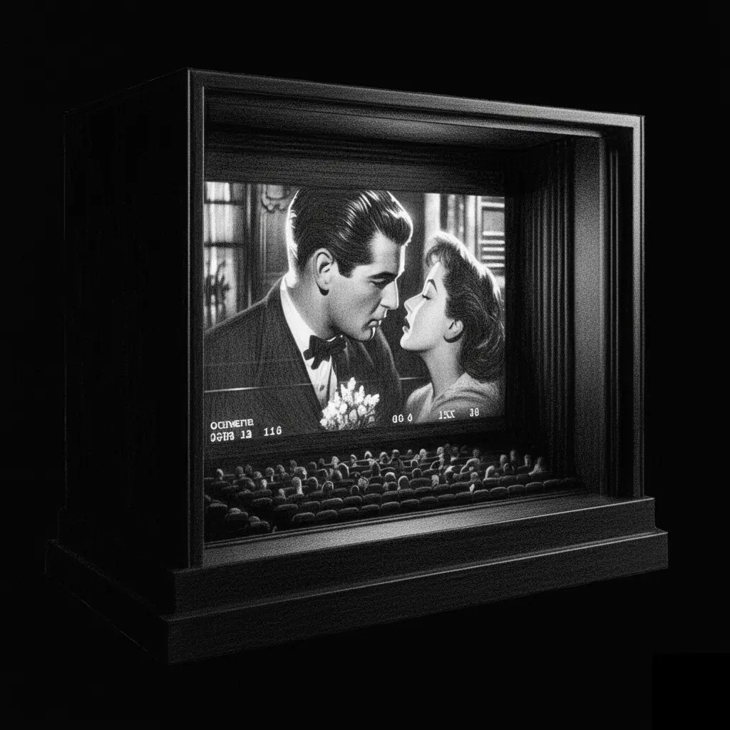 O dioramă întunecată în care un ecran mic proiectează o scenă dintr-un film clasic alb-negru cu un cuplu, în fața unui public miniatural într-o sală de cinema, ilustrând izolarea conținutului în paradoxul vizibilității digitale.