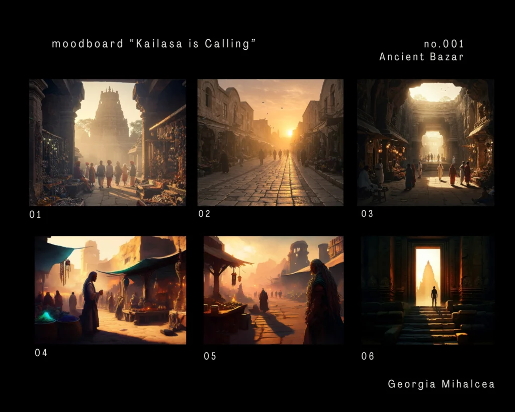 Moodboard with 6 conceptual images showing an ancient market at sunrise, created using the semantic filmmaking framework developed by Romanian film producer Georgia Mihalcea, which functions as an AI storyboard generator, for the project 'Kailasa is Calling'.