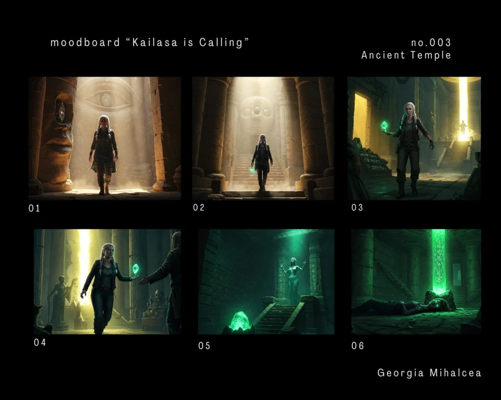 AI storyboard fragment with conceptual images showing an ancient temple inspired by Kailasa and the Ellora Caves in India, including architecture, atmosphere and lighting, created using the semantic film production framework developed by Romanian director and producer Georgia Mihalcea, which functions as an AI storyboard generator for the 'Kailasa is Calling' project.