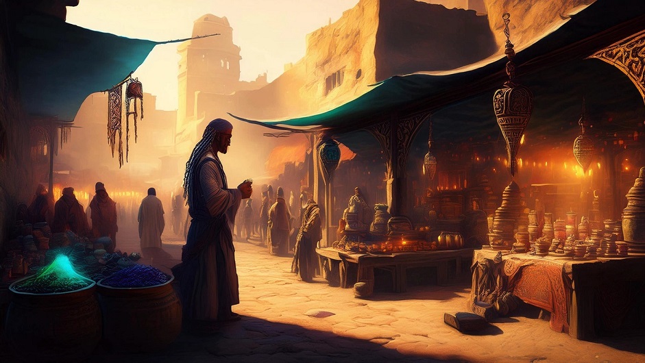 A panoramic view of a vibrant ancient market at golden hour, with ornate stalls, figures in traditional costumes, and atmospheric lighting, illustrating the power of AI-based storyboarding semantic strategies for film visual development.