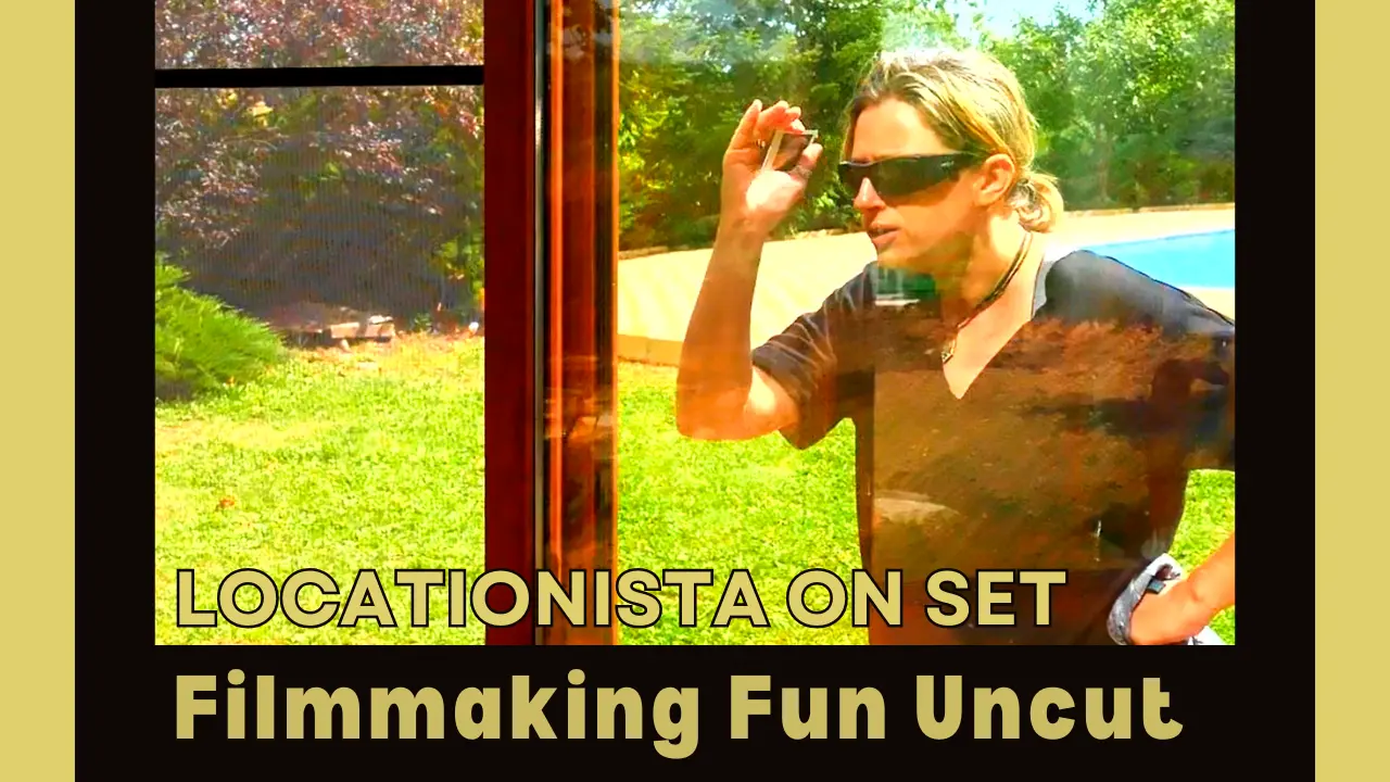 Filmmaker Georgia Mihalcea on set looking out a window at a sunny garden with a pool, with text 'LOCATIONISTA ON SET Filmmaking Fun Uncut'