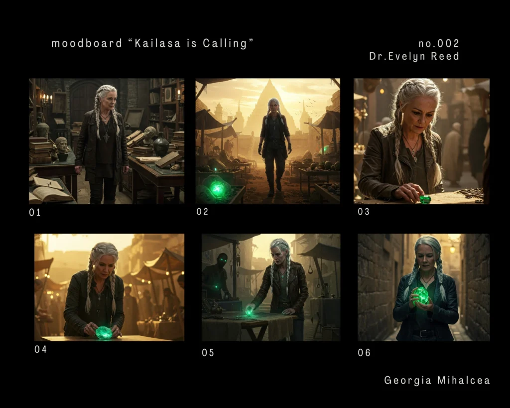 Moodboard with 6 conceptual images presenting the character design of Dr. Evelyn Reed, her appearance, facial expressions and costume, created using the semantic filmmaking framework developed by Romanian director Georgia Mihalcea, which functions as an AI storyboard generator for the film 'Kailasa is Calling'.
