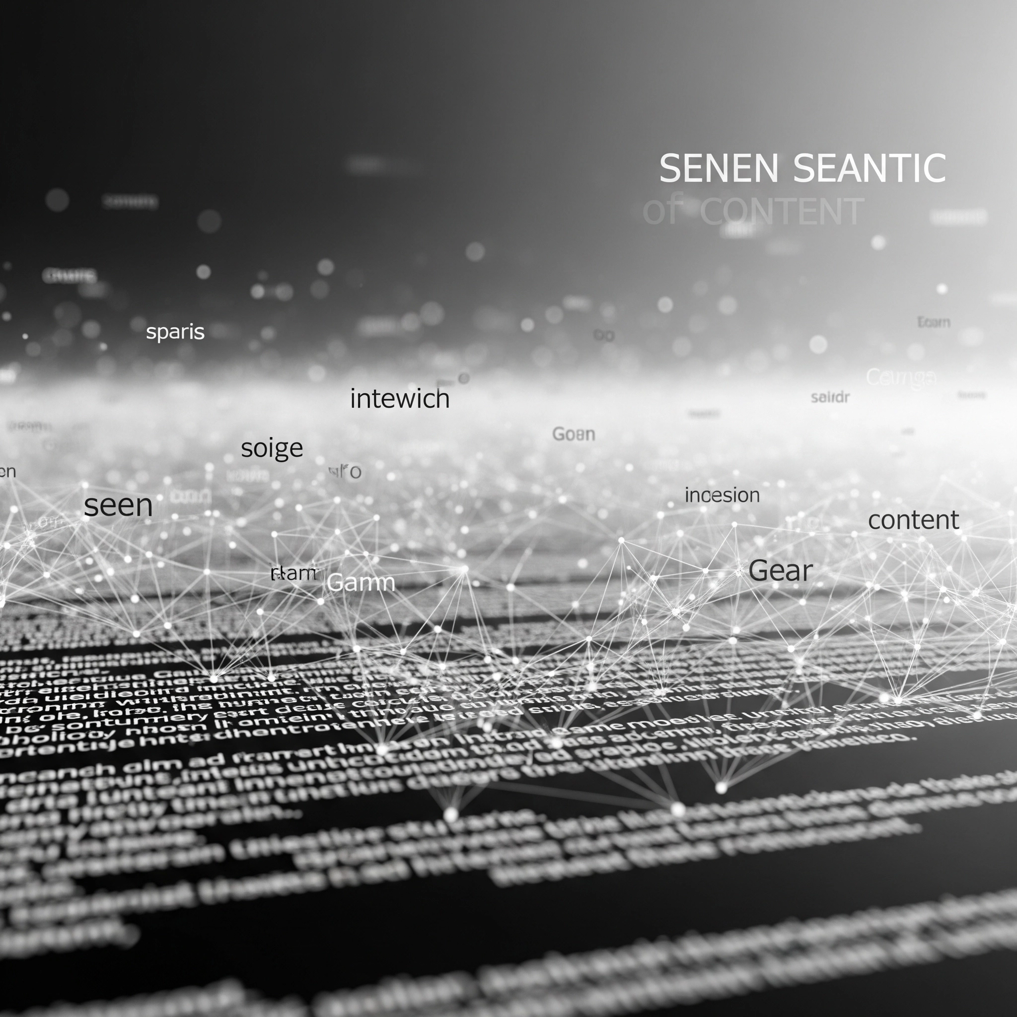 Rețea digitală abstractă cu text și cuvinte cheie, reprezentând educația digitală și dezvoltarea competențelor în contextul inteligenței artificiale și conținutului semantic.