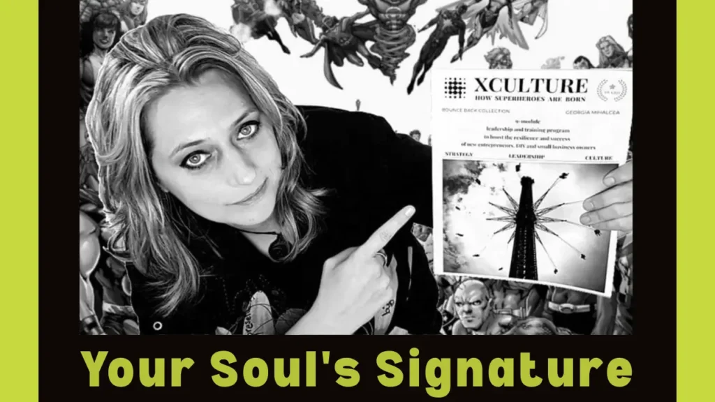 Georgia Mihalcea pointing to the XCulture: How Superheroes Are Born award-winning guide, with superhero illustrations in the background. A thumbnail that promotes YouTube video series.