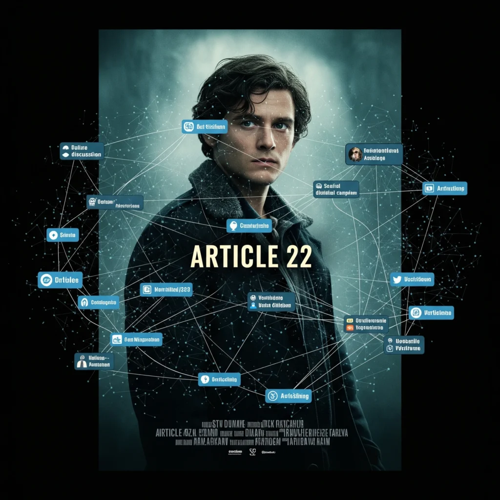 AI-generated poster illustrating a semantic digital marketing and visibility strategy for independent films, with metadata networks and online interactions.