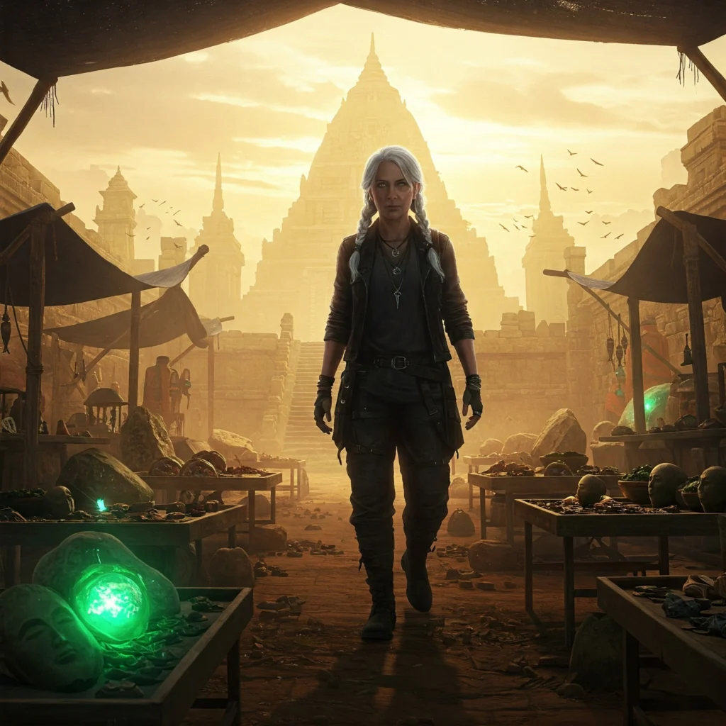 Dr. Evelyn Reed, protagonist of 'Kailasa is Calling,' explores an ancient temple-inspired marketplace. An AI-driven dark fantasy sci-fi film concept for the semantic filmmaking demonstration