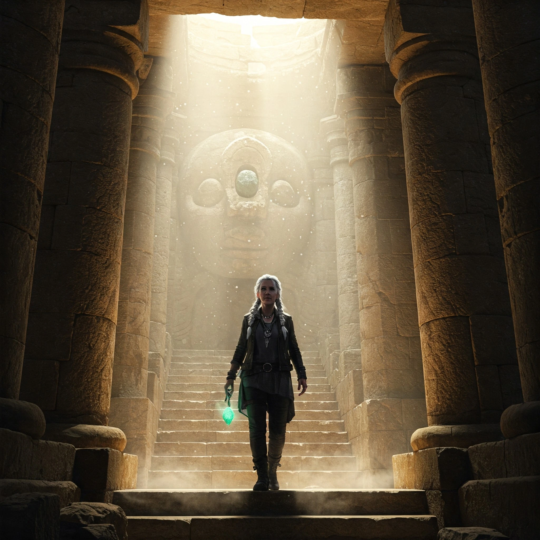 Dr. Evelyn Reed holding a glowing green artefact, descending steps in an ancient temple. A visual from 'Kailasa is Calling,' showcasing AI-driven semantic filmmaking.