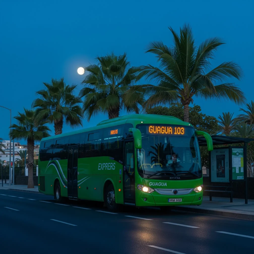 Autobuz verde Guagua 103 staționat printre palmieri la o stație din Puerto de la Cruz, Tenerife, în lumină albastră de dinaintea zorilor, cu lună plină vizibilă. Scena, cu o atmosferă calmă și melancolică, include o subtilă reflexie a autorului în geam, simbolizând începutul unei călătorii zilnice. Artă vizuală generată de AI pentru storyboard vizual.