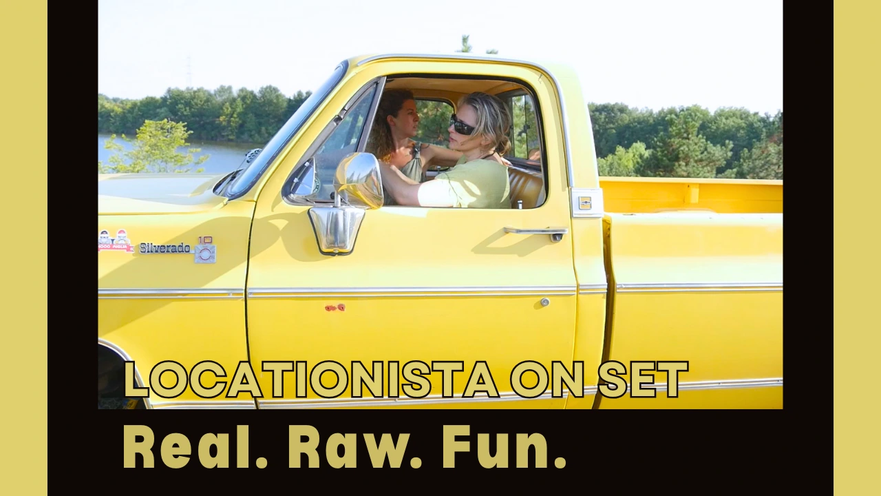 "Locationista" comedy-drama behind the Scenes photo of Marcela Motoc (plays Nina, the protagonist, Locationista) and Georgia Mihalcea (film director) in the yellow Chevy truck, the protagonist's car, demonstrating film discovery and reach through YouTube chapters.