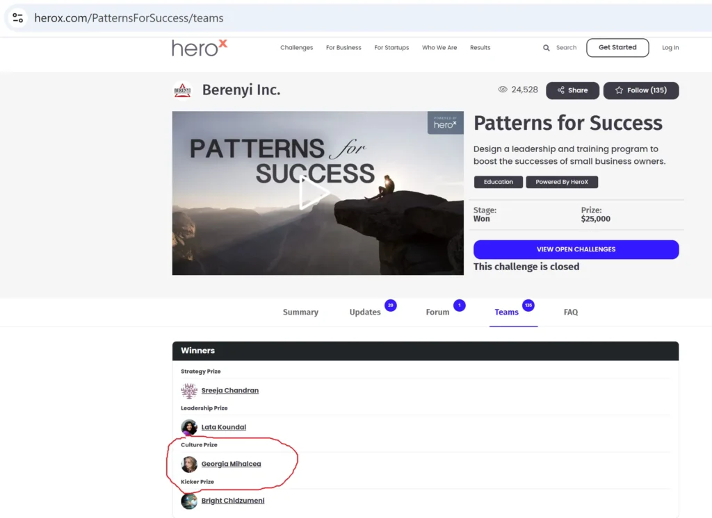 Screenshot showing Georgia Mihalcea as the winner of the Culture Prize in the HeroX "Patterns for Success" challenge.
