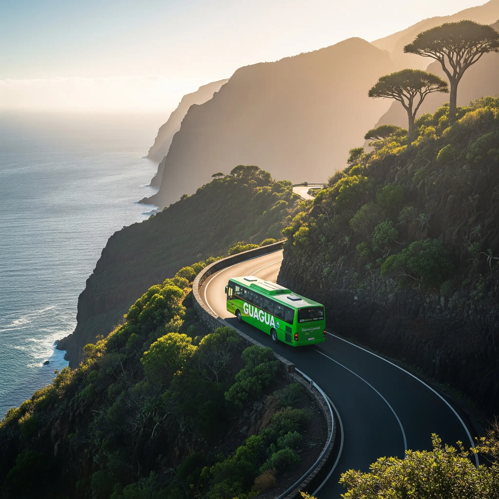 O imagine evocatoare a unui autobuz expres verde pe o autostradă imaginara dintre Puerto de la Cruz si Playa de las Americas, Tenerife, ilustrând povestea 'Viața din Autobuzul Expres' de Georgia Mihalcea.
