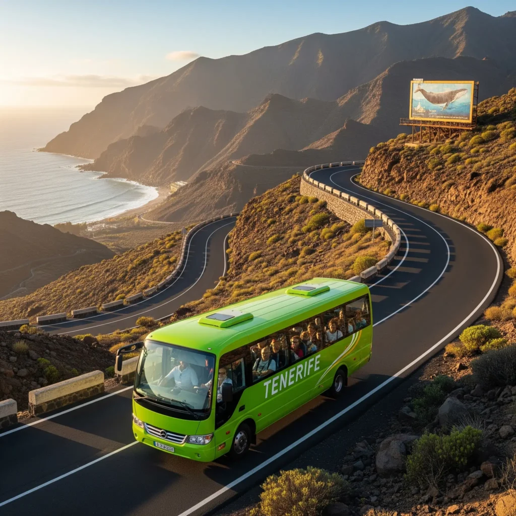 Un autobuz verde modern, cu pasageri la bord, circulă pe o șosea șerpuită de munte, cu oceanul vizibil în depărtare și o formatiune stâncoasă proeminentă deasupra. Un bilboard cu o balena te invita la Loro Park.