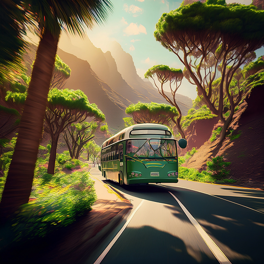 Un autobuz verde vibrant, model Guagua, circulă pe un drum șerpuit prin peisajul luxuriant și muntos din Tenerife. presarat cu copaci Drago Milenario. Soarele dimineții luminează scena, evidențiind vegetația bogată și formațiunile stâncoase.