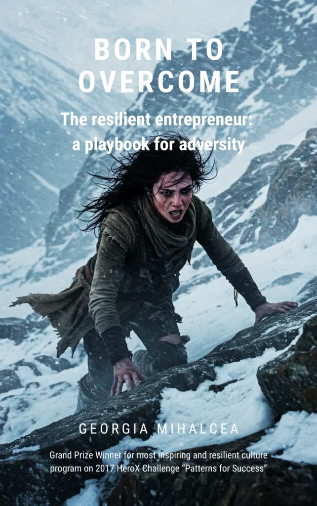 O femeie cu părul lung și negru, cu o expresie de efort și determinare, se cațără pe o stâncă acoperită cu zăpadă într-un peisaj montan înzăpezit. Zapada cade în jurul ei.