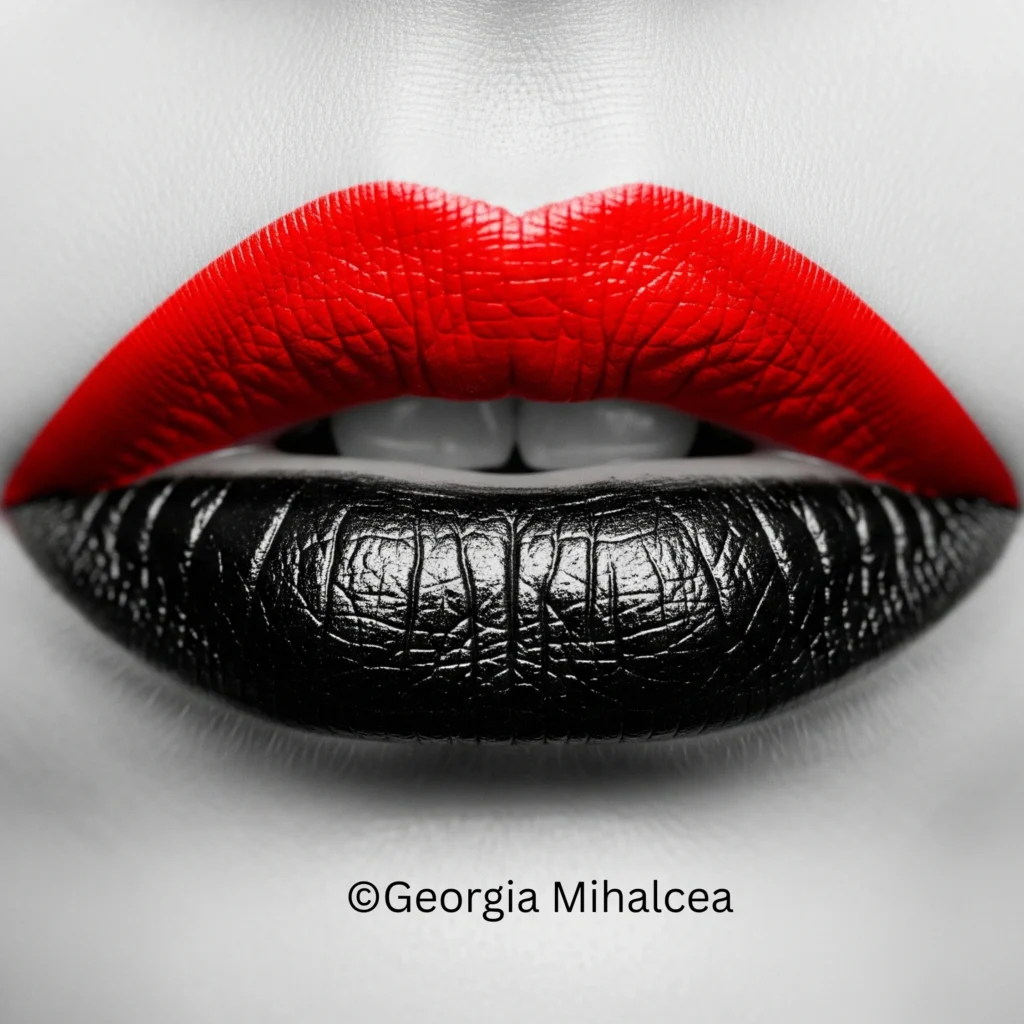 O imagine stilizată, alb-negru, cu o gură de femeie. Buza superioară este intens roșie, în contrast cu buza inferioară, care este de un negru lucios, texturat, cu detalii fine de riduri. Restul feței este decolorat în tonuri de gri.