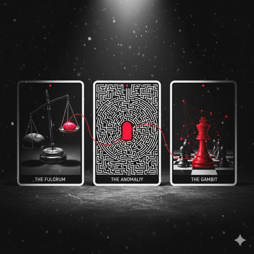 Ilustrație compusă din trei cărți de tarot/cadre: The Fulcrum (Balanță), The Anomaly (Labirint cu Punct Roșu) și The Gambit (Șah). Reprezentarea procesului de Decriptare Narativă.