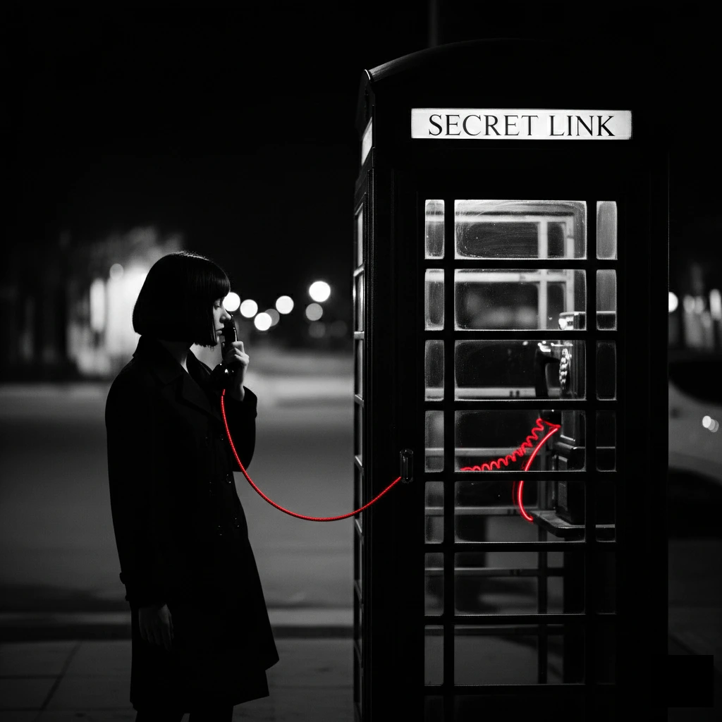 Vizual noir cu o cabină telefonică (Secret Link) și un fir roșu care sugerează o conexiune vitală. Reprezintă fluidizarea conexiunilor în arhitectura coerenței.