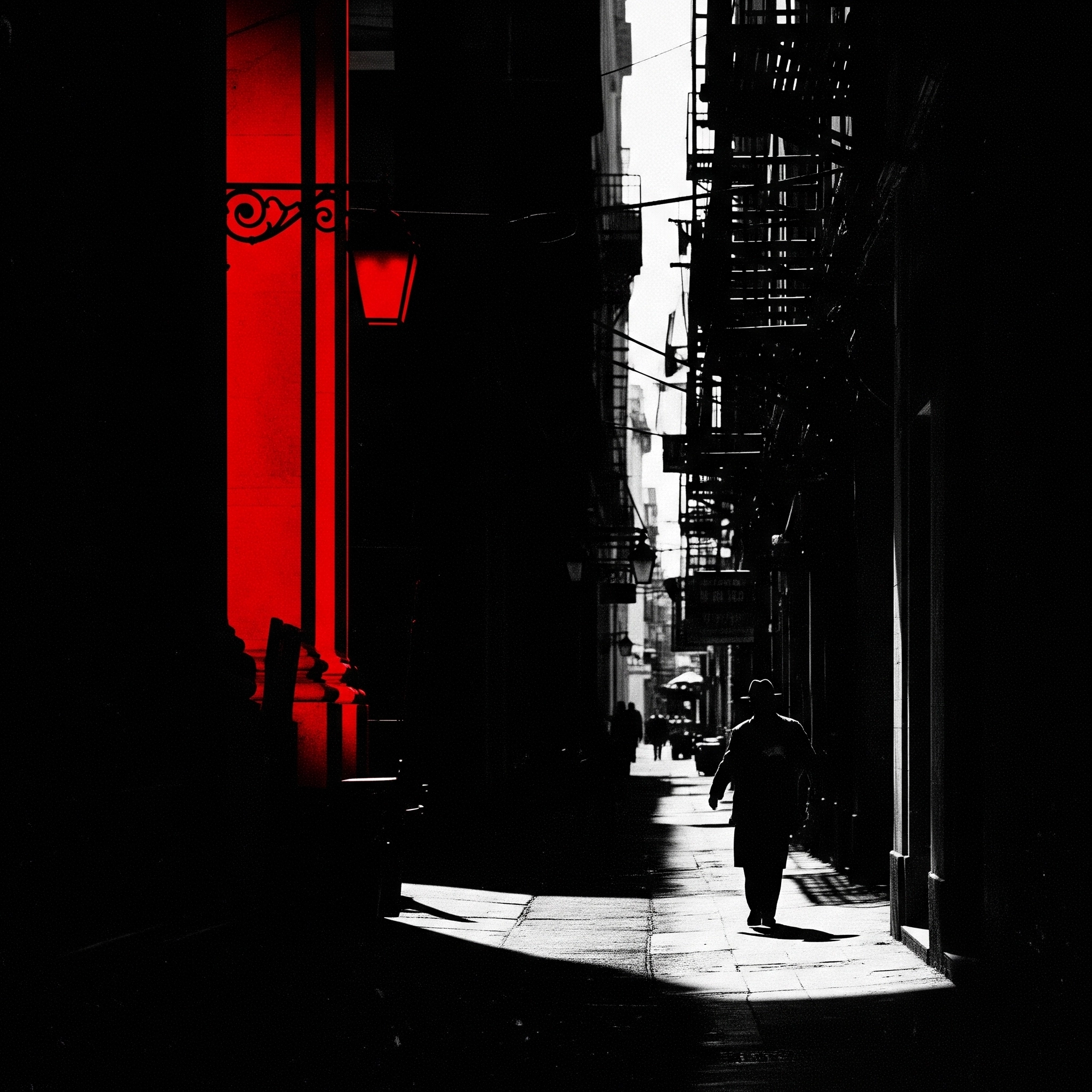 Imagine de stradă (alb-negru și roșu) care sugerează o perspectivă, un drum nevăzut. Reprezintă Synapse Media Lab ca laborator de creare a amprentelor digitale.