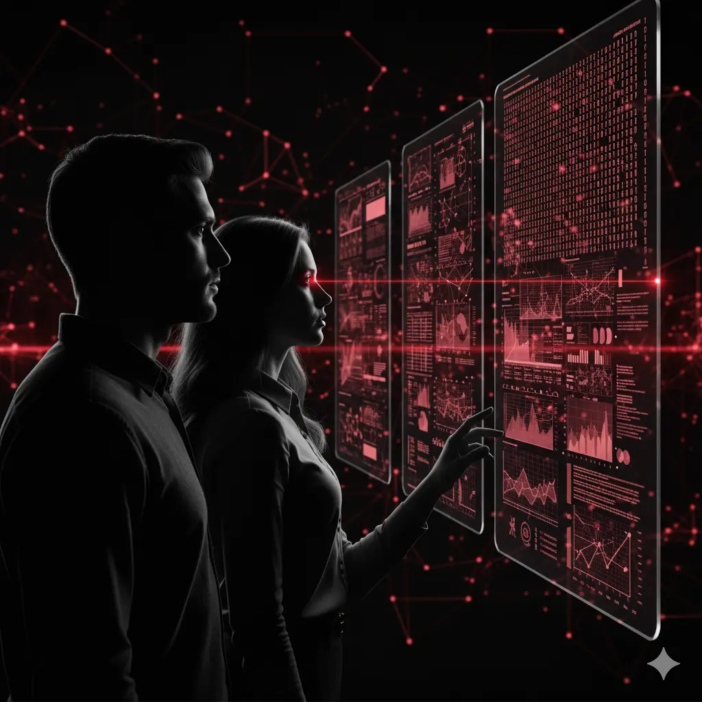 O imagine cinematică alb-negru. Un bărbat și o femeie, în profil, interacționează cu ecrane holografice pline de cod binar și date. O linie laser roșie (crimson) conectează privirile lor, trecând printr-un nor digital, simbolizând "firul roșu" al sensului extras din datele brute ale infrastructurii digitale.