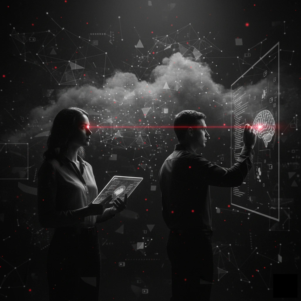 O imagine alb-negru a unui bărbat și a unei femei care interacționează cu interfețe digitale. O linie roșie (crimson) conectează privirea femeii de un creier digital pe care bărbatul îl analizează, simbolizând firul roșu al conștiinței.