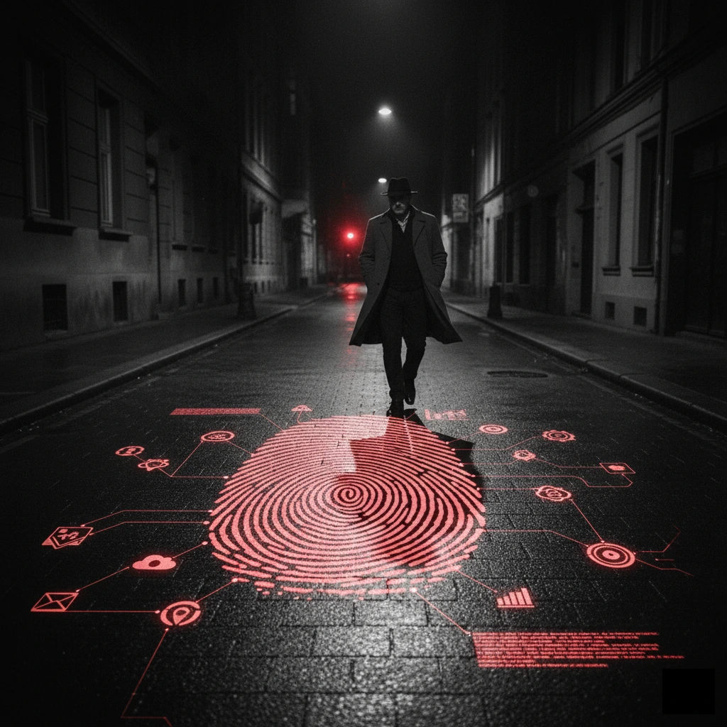 O imagine cinematică alb-negru, în stil film noir, cu accente roșu crimson. O siluetă misterioasă, îmbrăcată într-un trenci și pălărie, se îndepărtează pe o stradă urbană umedă, noaptea. În prim-plan, o amprentă digitală stilizată, luminată în roșu, este proiectată pe asfalt, înconjurată de icons ce sugerează date și conectivitate digitală. O singură lumină roșie discretă se întrevede în depărtare, un nou punct de acces, de intrare sau iesire din retea sau dintr-un ecosistem în altul.