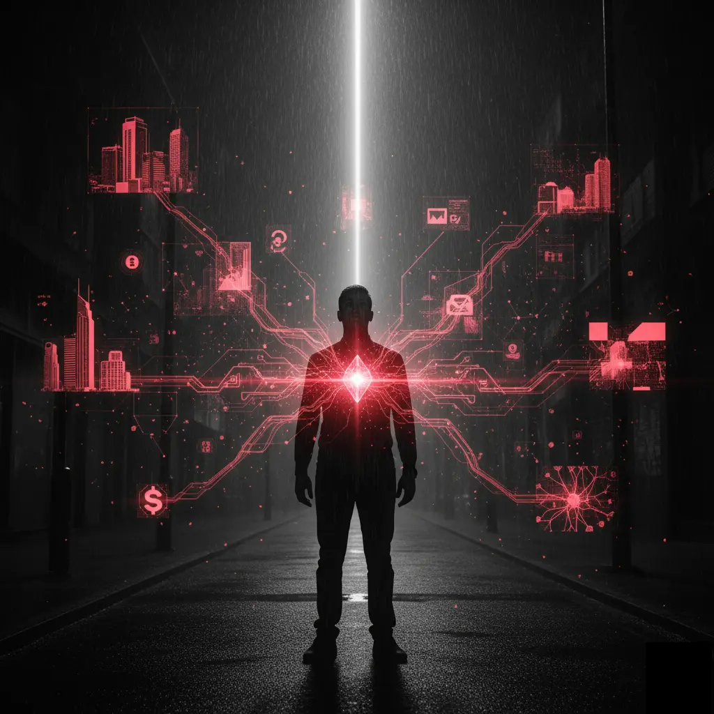 O imagine cinematică, atmosferică, alb-negru. O siluetă umană, stând într-o apă puțin adâncă ce reflectă lumina, servește ca sursă pentru o rețea vastă de linii și conexiuni roșii (crimson) care emană din corpul său, răspândindu-se în întunericul din jur.