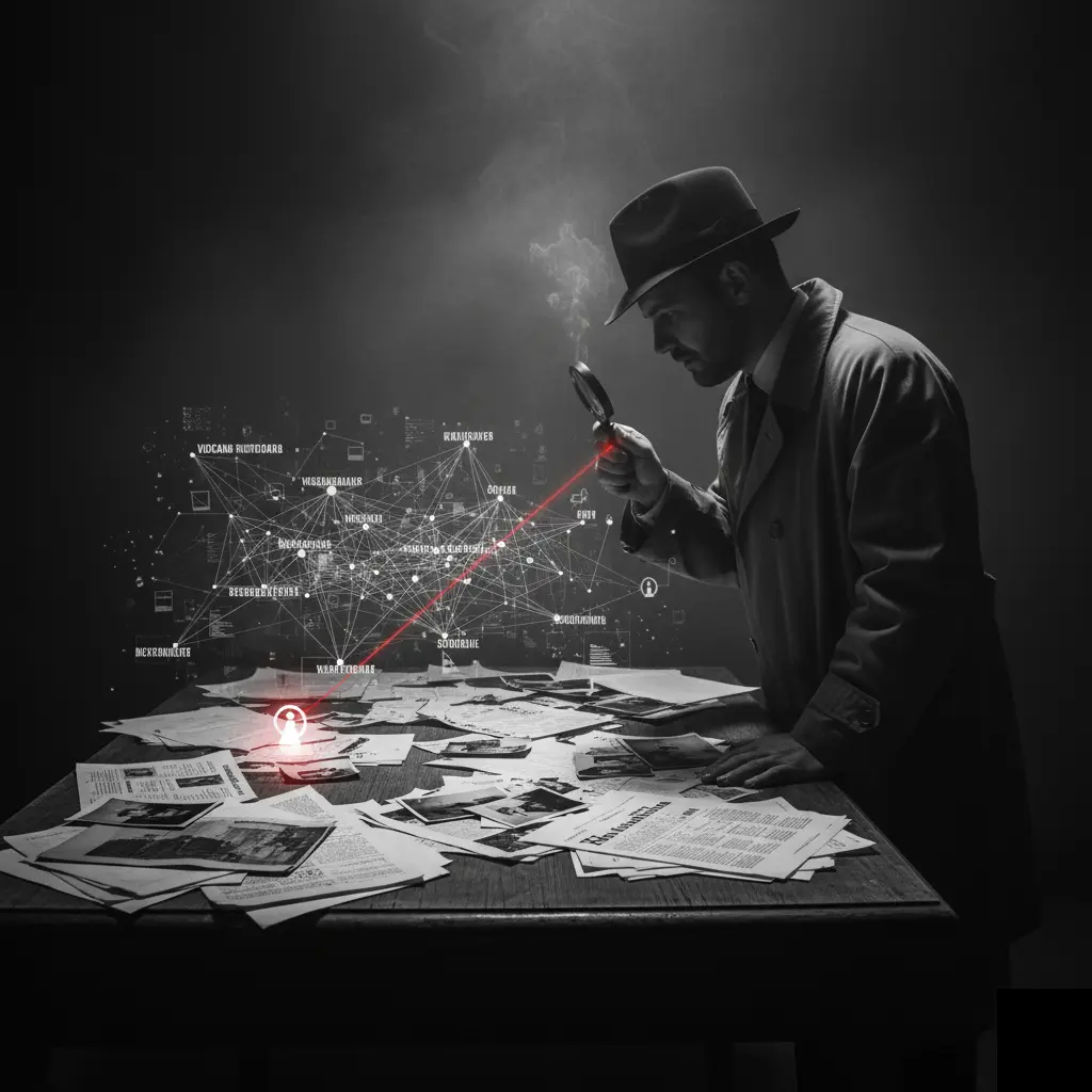 O imagine cinematică alb-negru, în stil film noir. Un detectiv, purtând un trenci și o pălărie, privește intens printr-o lupă un document pe o masă acoperită cu hârtii și ziare. Lupa sa luminează o rețea complexă de cuvinte și conexiuni, evidențiate într-un roșu crimson intens, sugerând descoperirea unui "fir roșu" al sensului. Un semn roșu, stilizat ca o etichetă sau pin, este fixat pe masă.