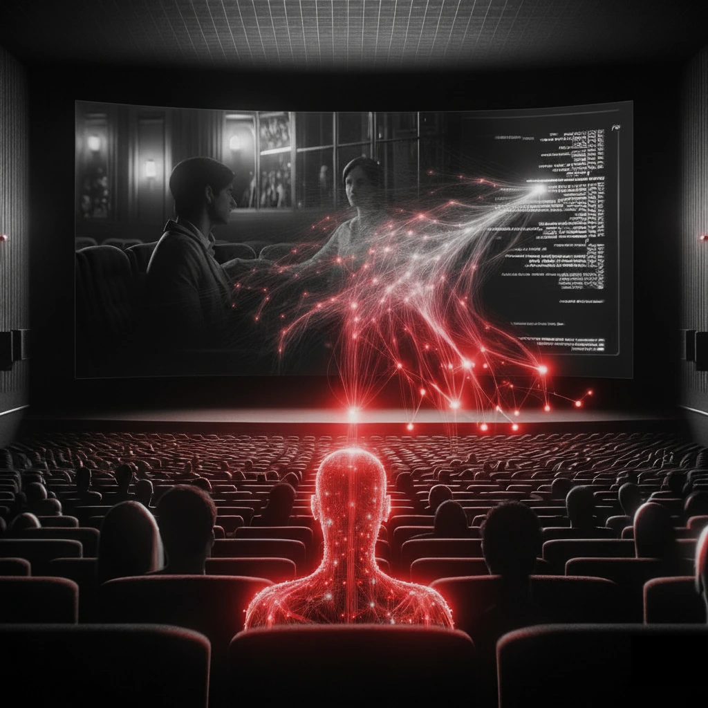 O imagine cinematică alb-negru. Un spectator algoritmic, poate AI, singur, stilizat cu un contur roșu (crimson) și o rețea de lumini roșii emanând din spatele capului, stă într-o sală de cinema goală și privește un ecran mare. Pe ecran, o scenă de film alb-negru este parțial transformată într-o cascadă de date și linii roșii care converg către spectator, simbolizând decriptarea filmelor si narativelor de brand pentru intelegerea algoritmica.