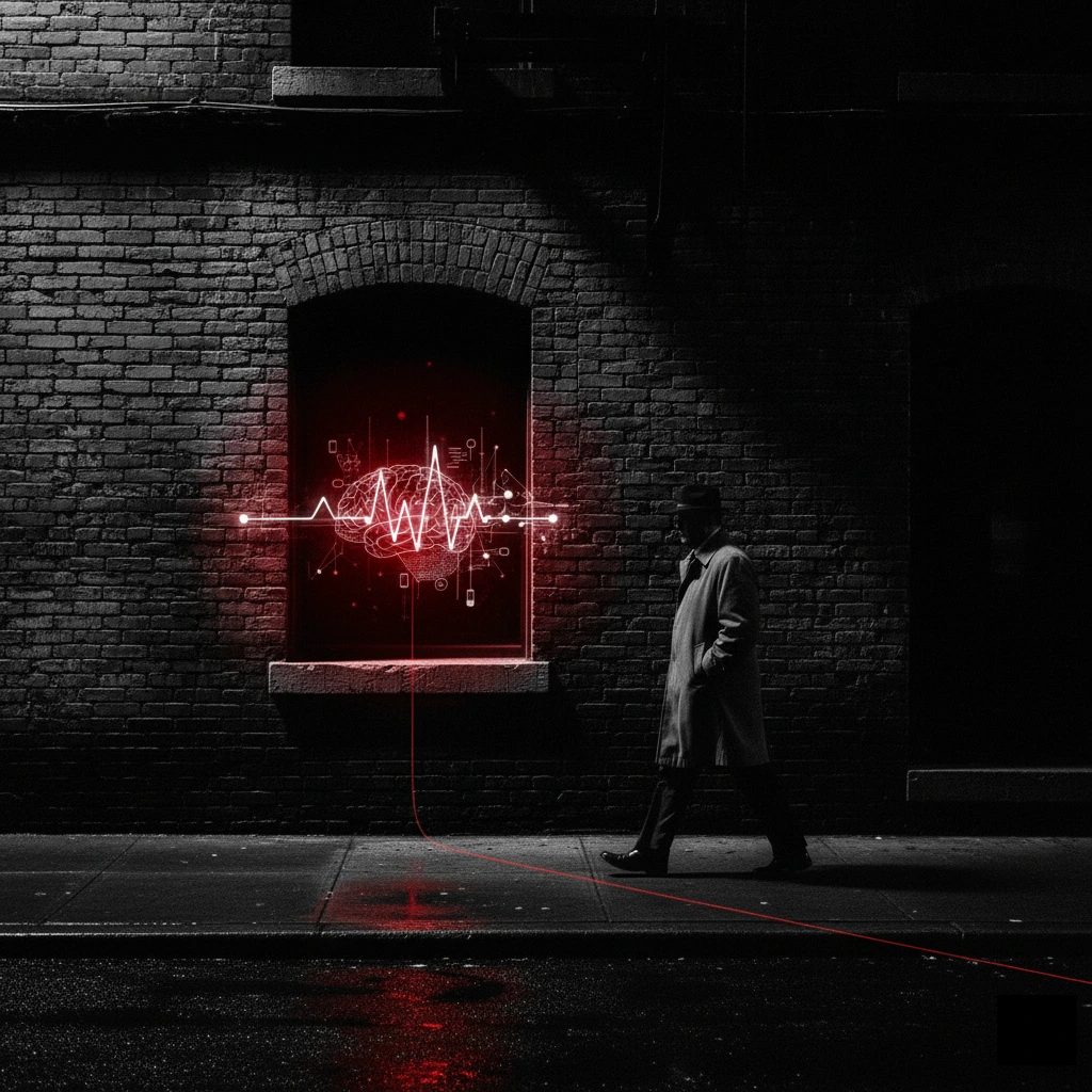 O imagine cinematică alb-negru, în stil noir. O siluetă masculină cu pălărie merge pe un trotuar umed, lângă un zid vechi de cărămidă. Într-o arcadă întunecată a zidului, o fereastră roșie (crimson) luminează, relevând simboluri abstracte ce combină forme digitale (rețele, circuite) cu reprezentări stilizate ale emoțiilor (puls, undă cerebrală). O linie fină, roșie, se reflectă pe trotuar.