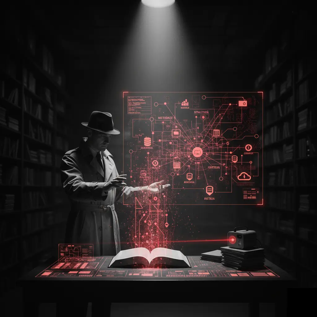 O imagine cinematică alb-negru, în stil film noir. Un detectiv, îmbrăcat în trenci și pălărie, stă la o masă într-o bibliotecă întunecată și privește o hologramă interactivă, luminată în roșu crimson. Holograma emană dintr-o carte deschisă și afișează o rețea de metadate, structuri și interfețe digitale.