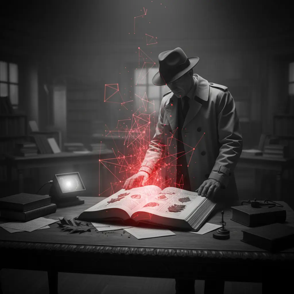 O imagine cinematică alb-negru, în stil film noir. O mână (posibil cu mănușă) atinge delicat o rolă de film vechi. O rază de lumină roșie-crimson scanează pelicula, sugerând procesul de digitizare.