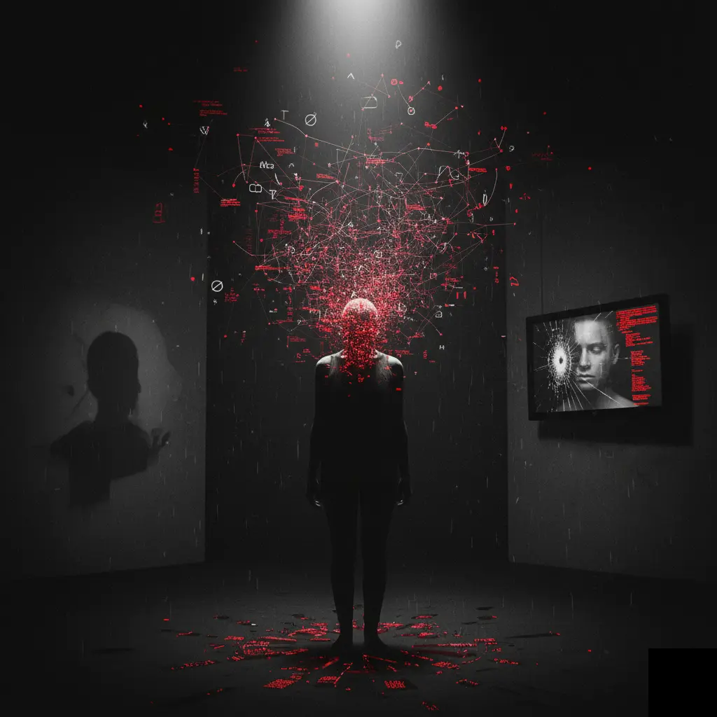 O imagine cinematică alb-negru, în stil film noir. O siluetă umană stă în întuneric și privește printr-o fereastră mare, pe care se văd reflexii sau proiecții ale unei rețele haotice de puncte și linii roșii (crimson), simbolizând "zgomotul" emoțional.