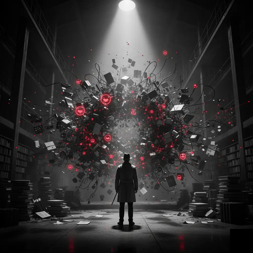 O imagine cinematică alb-negru, în stil film noir. O siluetă umană stă în mijlocul unei 'furtuni' intense de simboluri digitale abstracte și fragmente de date care cad ca ploaia. Câteva dintre aceste fragmente sunt iluminate subtil în roșu crimson, sugerând potențialul unui "fir roșu" ascuns în zgomotul informațional.