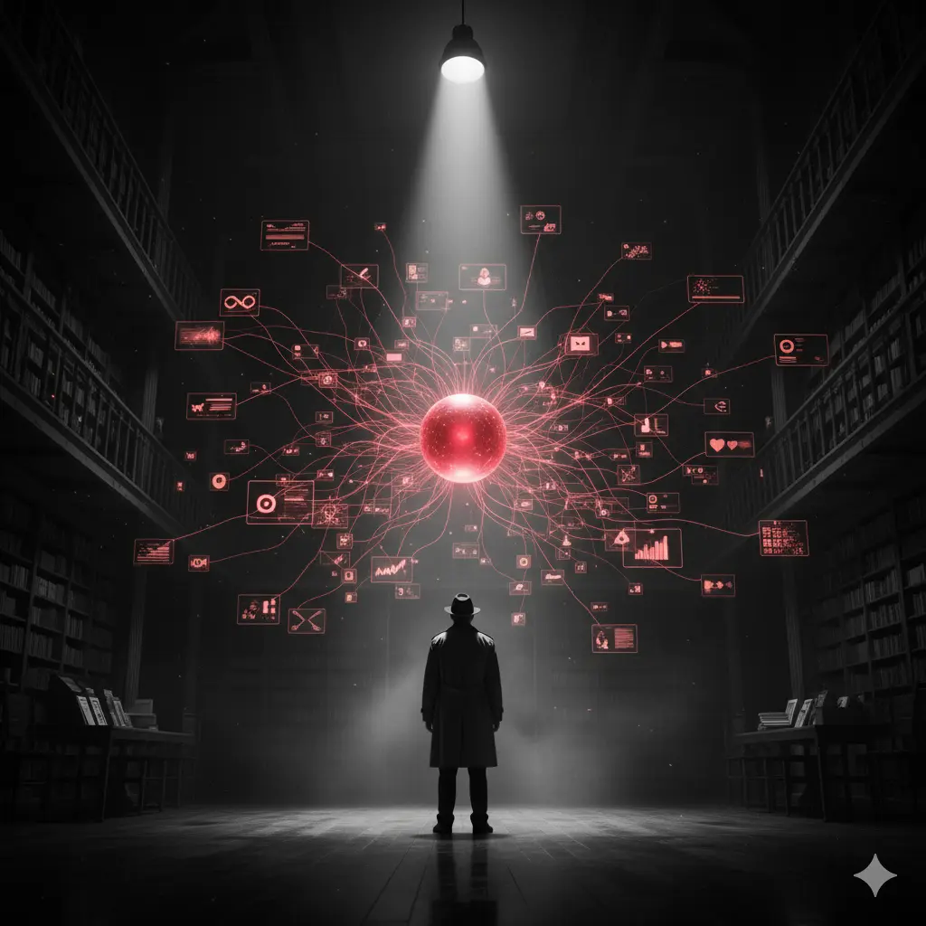 O imagine cinematică alb-negru, în stil film noir. O siluetă misterioasă, îmbrăcată în trenci și pălărie, stă într-o bibliotecă vastă și întunecată, iluminată doar de o lumină spot de sus. În fața sa, o sferă luminoasă roșu-crimson plutește, din care emană o rețea complexă de linii și icoane ce simbolizează date, metadate și conexiuni informaționale.
