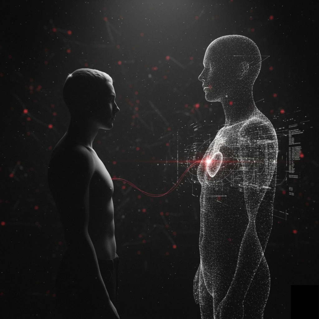 O imagine cinematică alb-negru, în stil film noir. O siluetă umană, puternic luminată dintr-o parte, stă față în față cu o proiecție digitală, eterică, a propriei sale forme, compusă din puncte luminoase și date. Un "fir roșu" subtil conectează pieptul celor două entități, simbolizând legătura dintre emoție și structura digitală a sinelui. Fundalul este întunecat și punctat de lumini roșii, sugerând o rețea complexă.