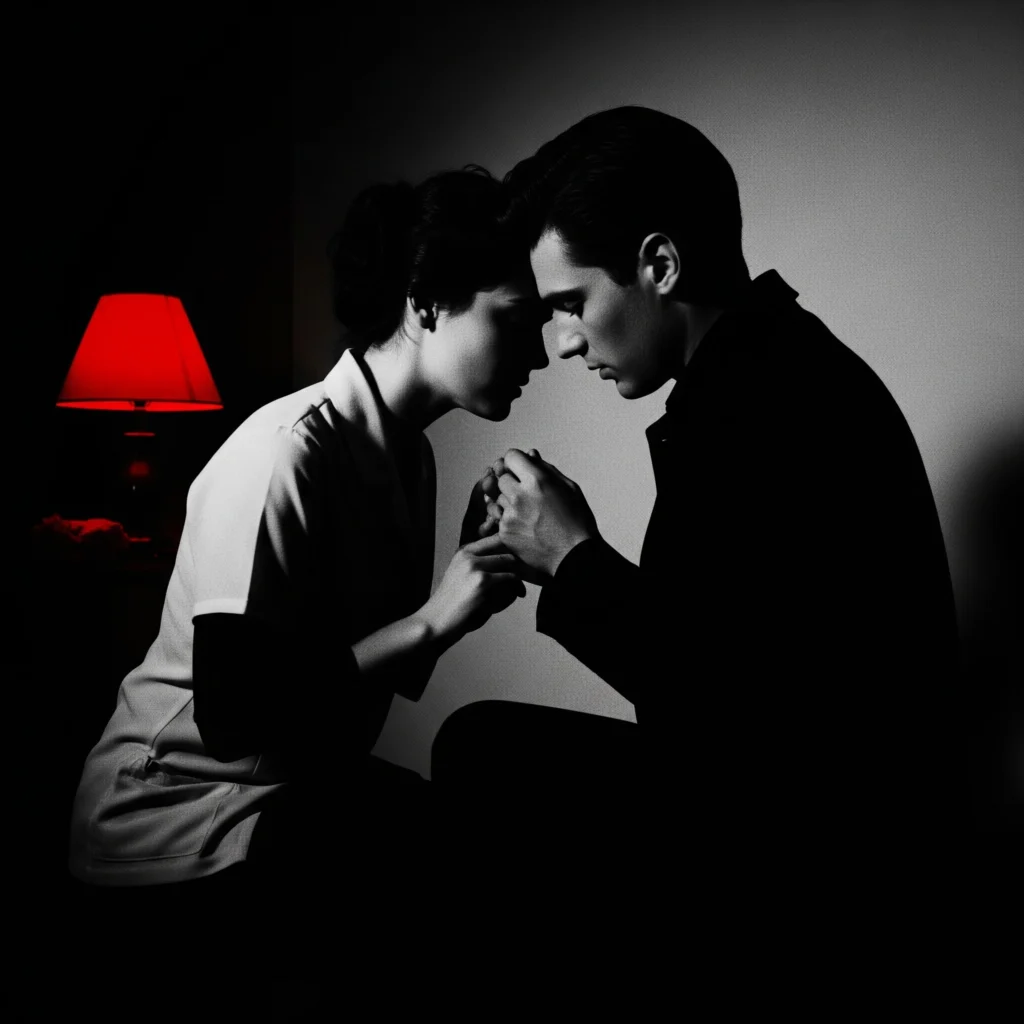 Imagine alb-negru: Două siluete umane cu frunțile lipite, ținându-se de mâini, iluminate de o lampă roșie vibrantă, sugerând intimitate și descoperire.