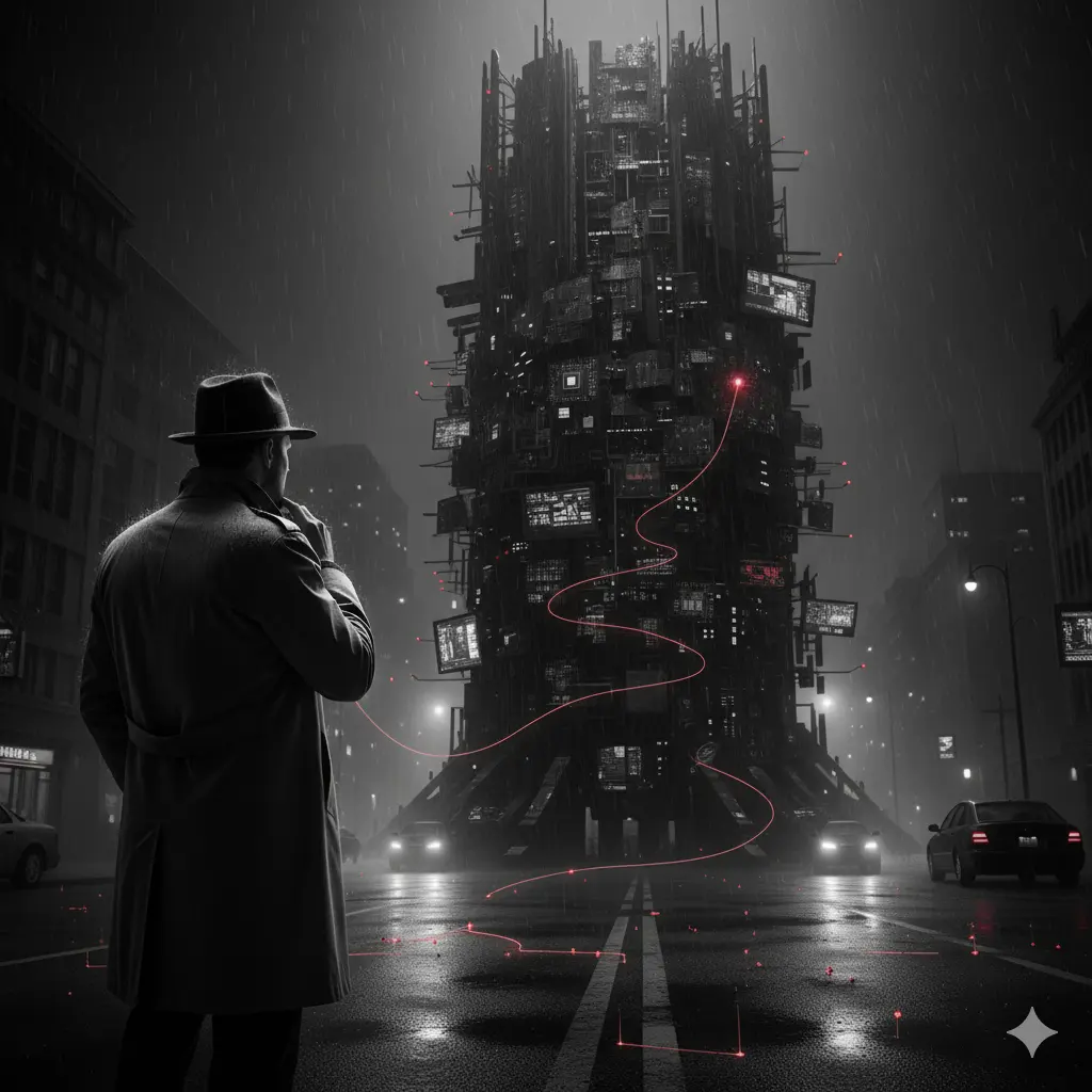 O imagine cinematică alb-negru, în stil film noir, sub ploaie. Un detectiv, îmbrăcat în trenci și pălărie, privește o structură urbană masivă, copleșitoare, asemănătoare unui "Goliat" digital. Dinspre detectiv, un "fir roșu" (roșu crimson) subtil se ondulează și urcă pe structura complexă, indicând o abordare inteligentă și neconvențională.