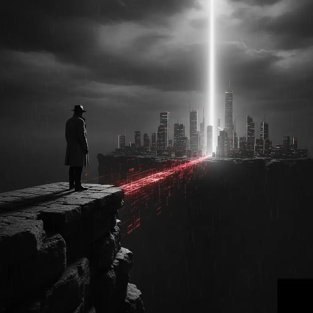 O imagine cinematică alb-negru. O siluetă umană, sub ploaie, se îndreaptă spre un pod subțire, ca o linie roșie (crimson), care traversează o prăpastie întunecată spre o structură urbană digitală, luminată. O rază de lumină albă pătrunde din nori, iluminând calea.