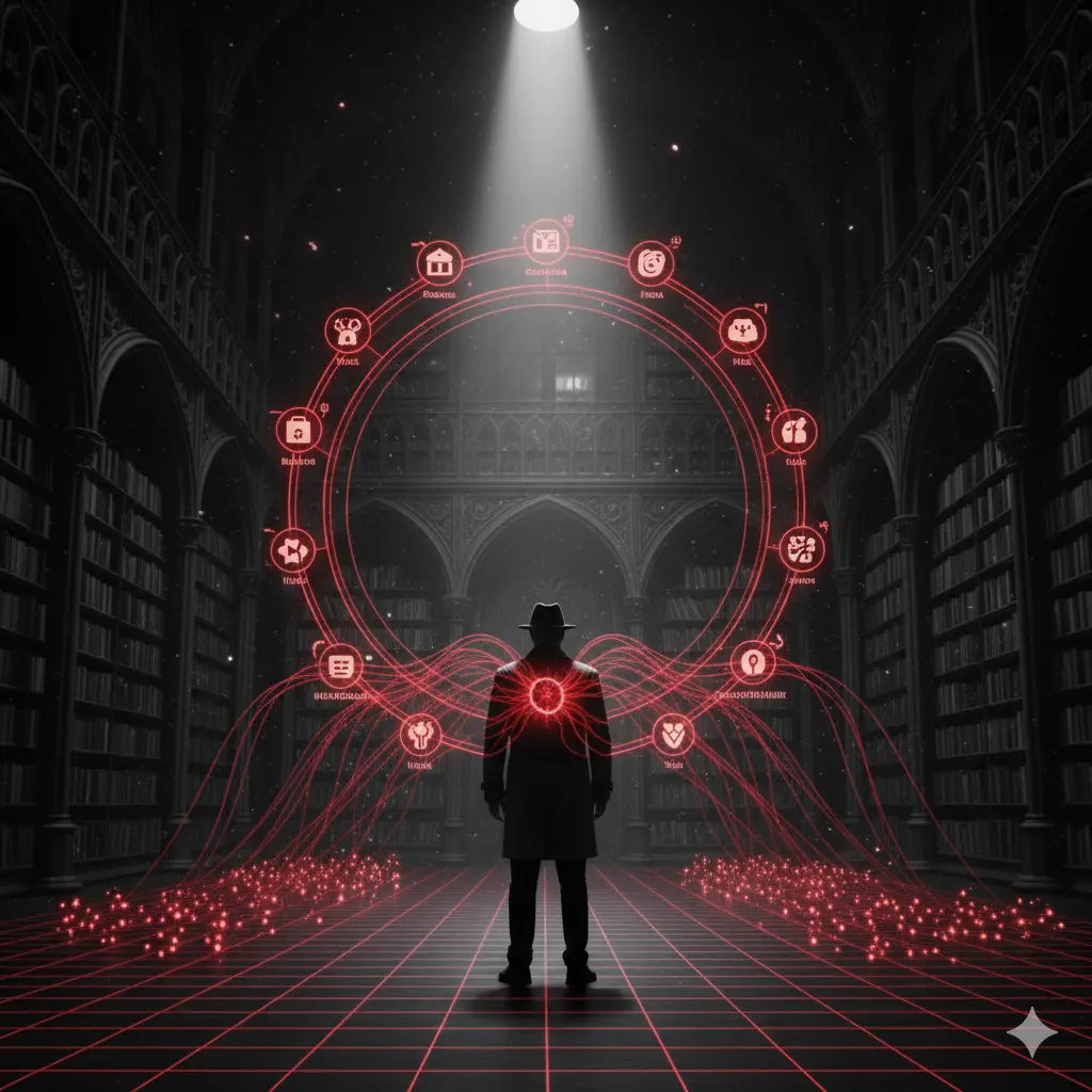O imagine cinematică alb-negru. O siluetă în stil film noir, cu pălărie și trenci, stă într-o arhivă sau bibliotecă vastă și întunecată. În fața sa, un sistem de fișiere sau sertare holografice este luminat intens în roșu crimson, simbolizând un vocabular structurat și indexat.