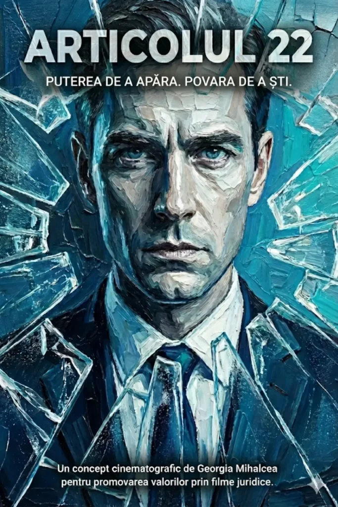 Poster cinematic stil pictură impasto, portretul unui avocat în spatele unui geam spart, textură albastră rece cu alb si gri. Concept de film juridic Articolul 22 pentru promovarea caselor de avocatură, creat de Georgia Mihalcea.