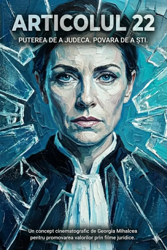 Poster artistic stil pictură impasto, portretul unei judecătoare cu privire intensă în spatele unei bariere de sticlă spartă, nuanțe reci de albastru, gri și alb. Concept vizual pentru branding de magistrați și instanțe, derivat din filmul anticorupție „Articolul 22: Justiția te cheamă” creat de Georgia Mihalcea cu Marcela Motoc în rolul principal.