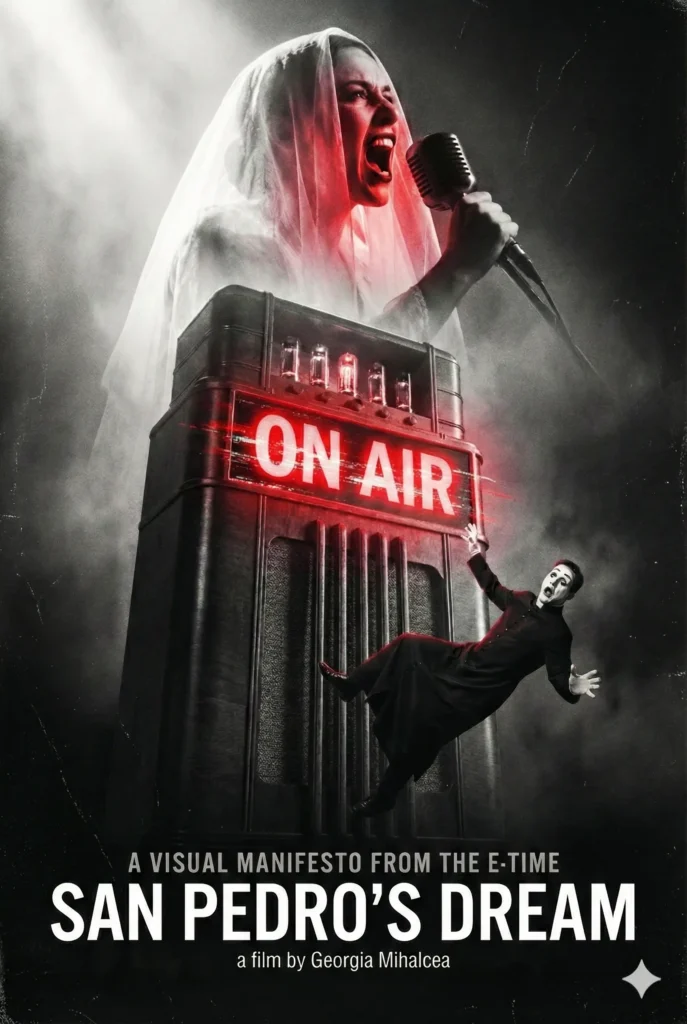 Poster vertical suprarealist, predominant alb-negru cu accente roșii neon. În centrul imaginii, un preot cu fața pictată alb (machiaj de mim) cade dramatic în fața unui aparat radio vintage masiv, care are un semn luminos roșu "ON AIR". În partea de sus, integrată în ceață, apare silueta eterică a unei femei cu văl cântând pasional la un microfon retro. Textul alb de la bază indică titlul "SAN PEDRO'S DREAM", subtitlul "A VISUAL MANIFESTO FROM THE E-TIME" și regia "a film by Georgia Mihalcea".