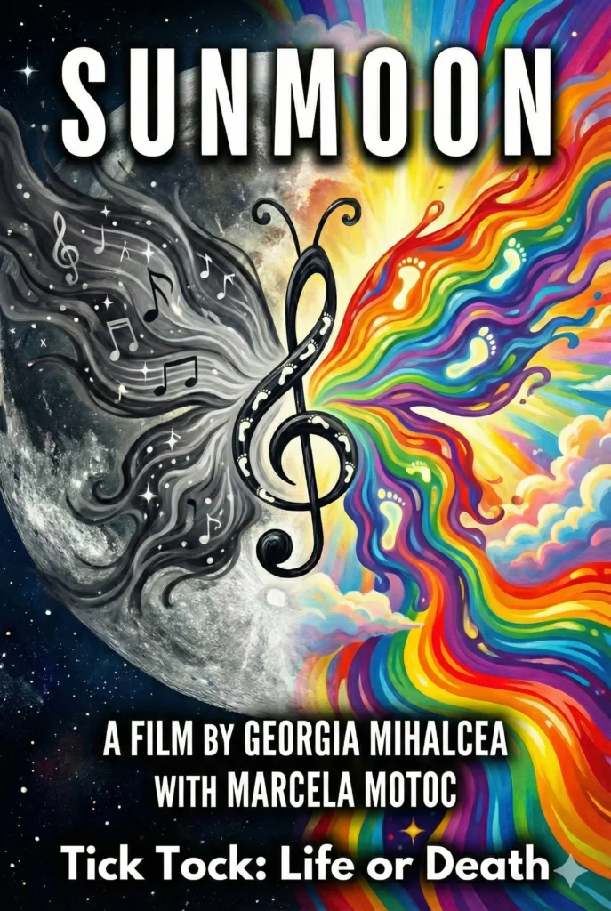 Grafică stilizată pe fundal negru reprezentând un fluture hibrid: o aripă este o cheie sol formată din urme de pași albi, iar cealaltă este o aripă vibrantă în culorile curcubeului.