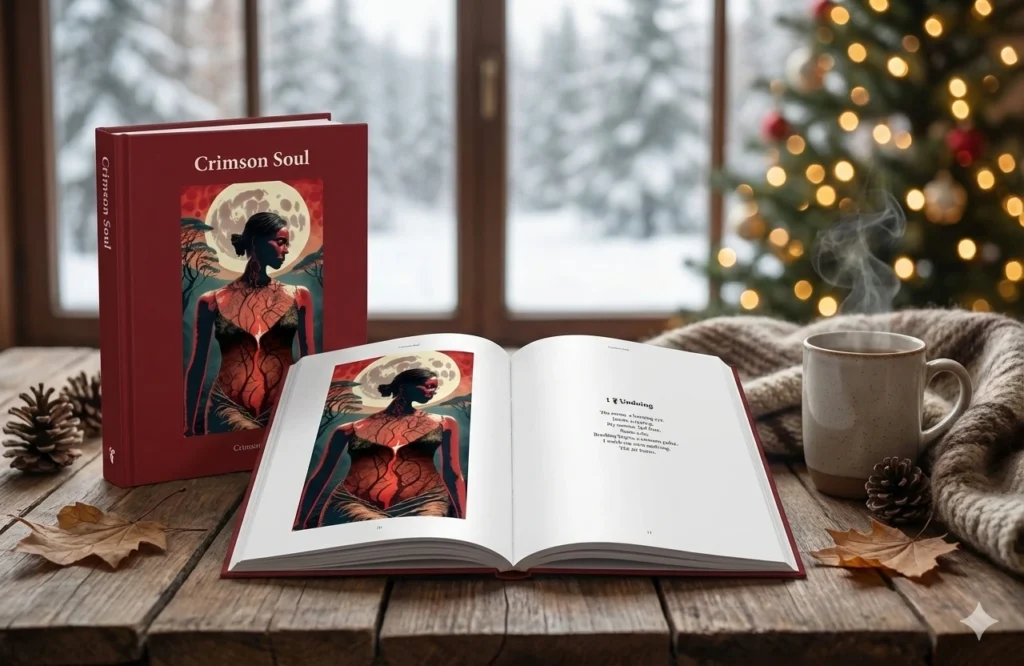 Cartea Crimson Soul deschisă într-un decor festiv, afișând o ilustrație viscerală în tonuri de roșu intens despre transformare.