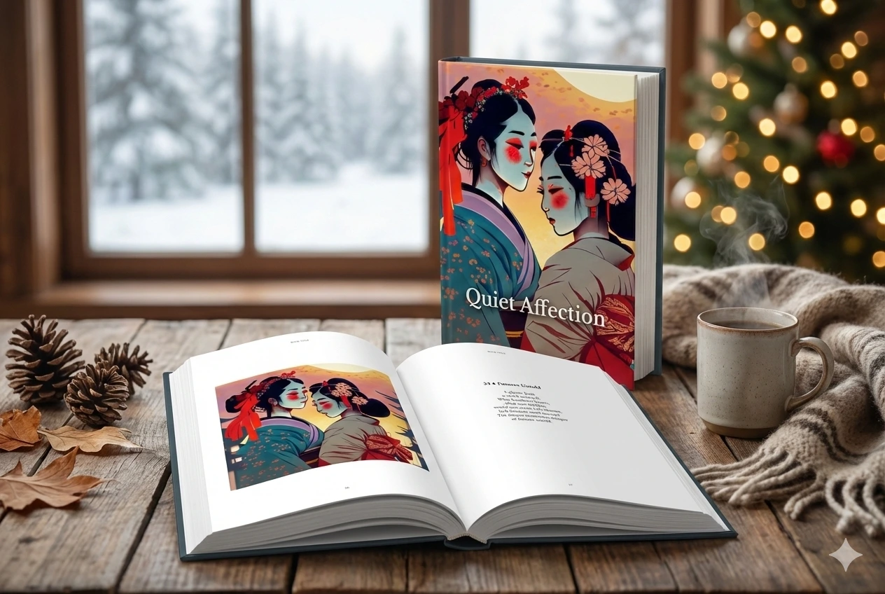Cartea Quiet Affection deschisă lângă brad, arătând o ilustrație colorată cu gheișe și poezie despre tandrețe.