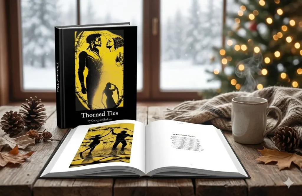 Cartea Thorned Ties deschisă pe un fundal de iarnă, prezentând ilustrația grafică în galben și negru cu sârmă ghimpată.